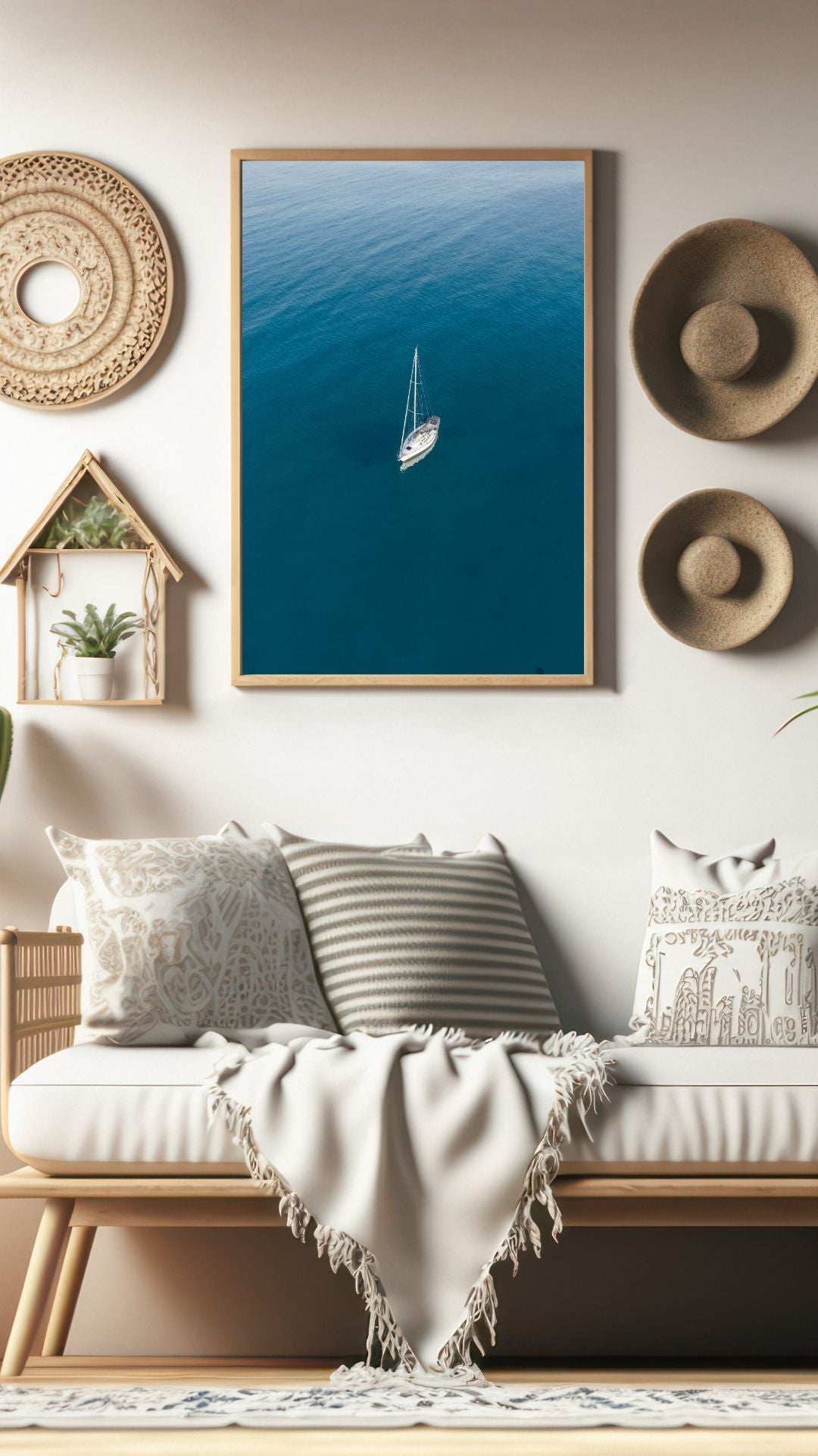 Living room with a wall featuring a large framed picture of a sailboat on a blue ocean. Adrift — lone sailboat aerial fine art print, ocean wall art by Aqua Visions Photography