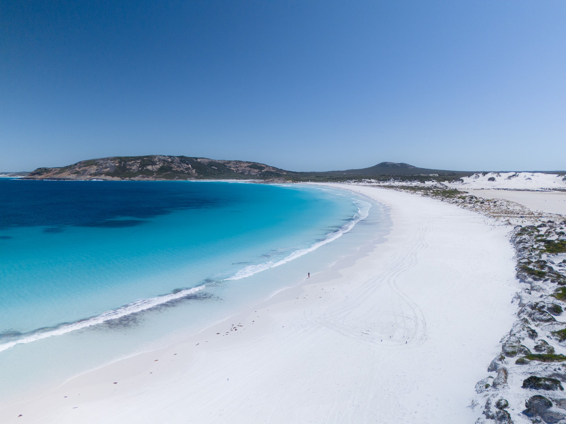 Beach with clear blue water and white sand under a clear blue sky. Lucky — Esperance pristine coastline aerial fine art print, Western Australia photography by Aqua Visions Photography